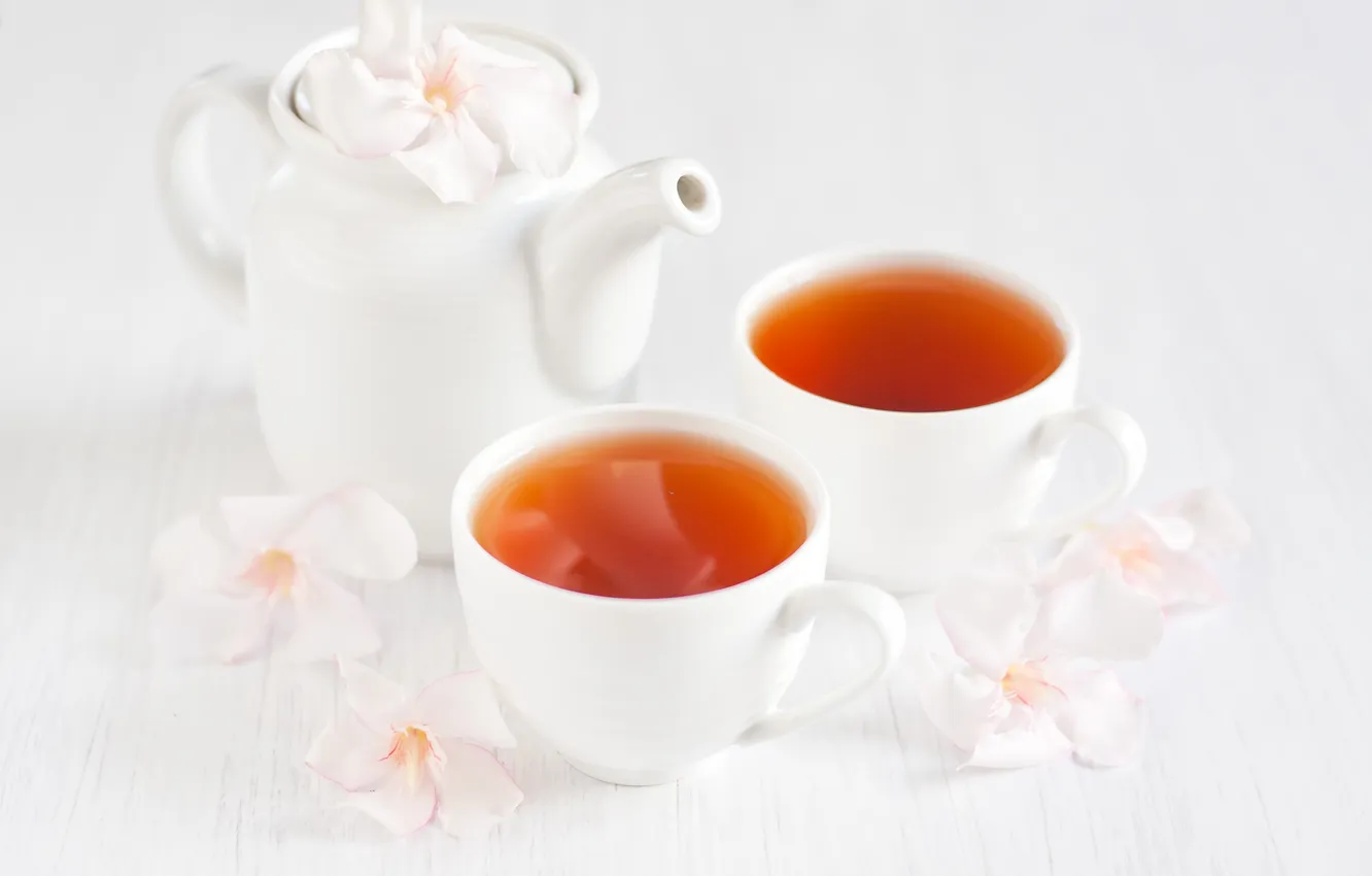 Photo wallpaper flowers, tea, kettle, flowers, Cup, tea, cups, kettle