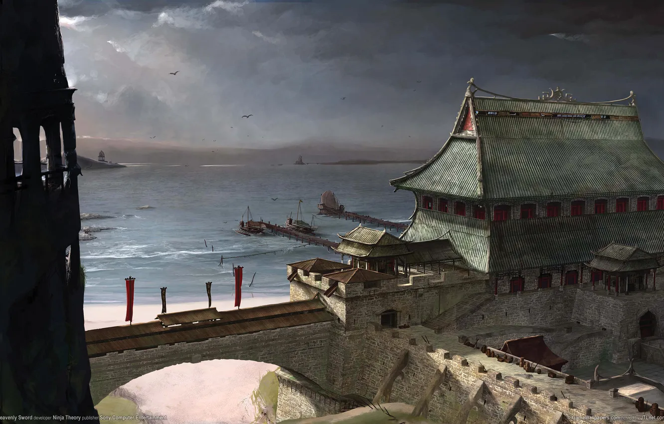 Photo wallpaper sea, wave, landscape, the city, ship, Marina, Heavenly Sword, arch
