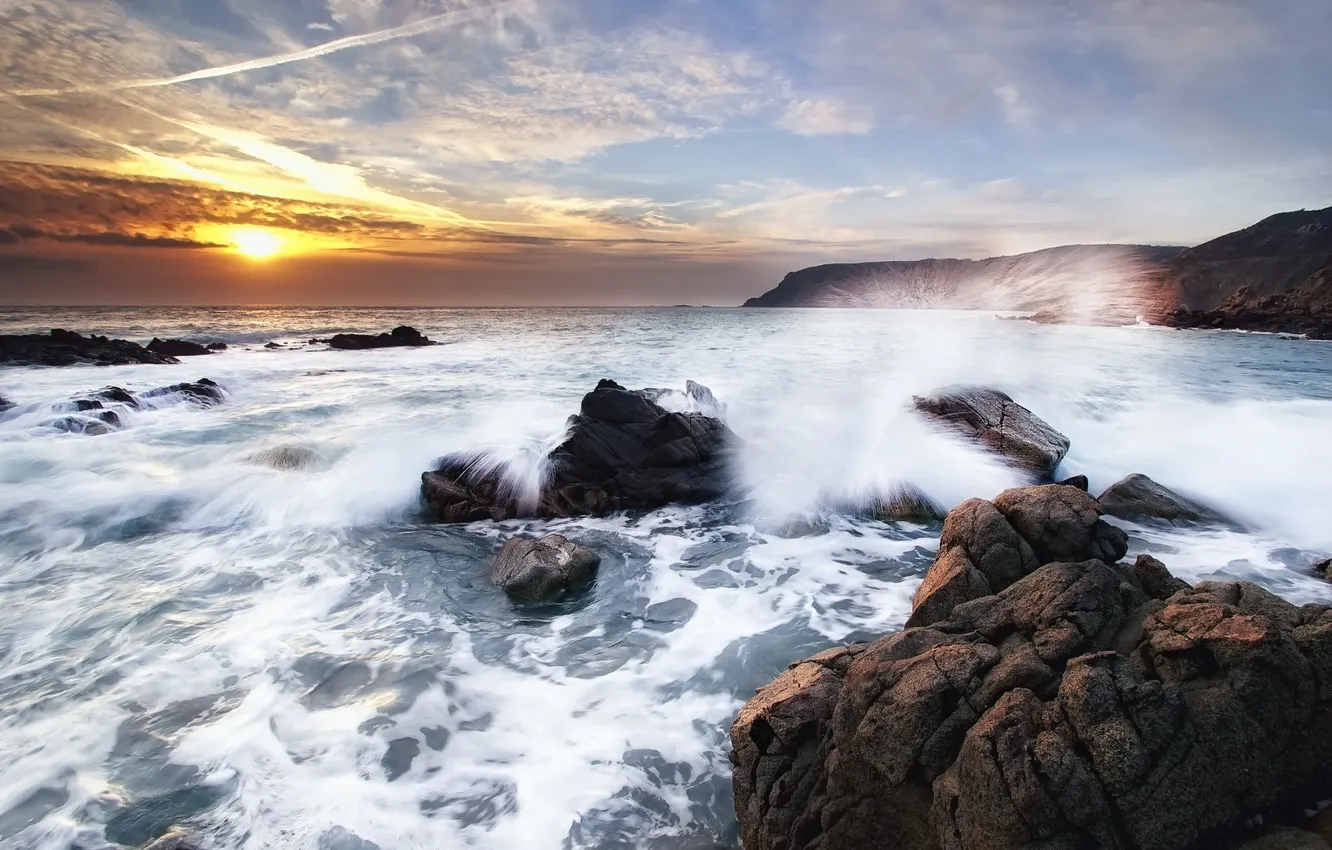 Photo wallpaper sea, wave, the sky, stones