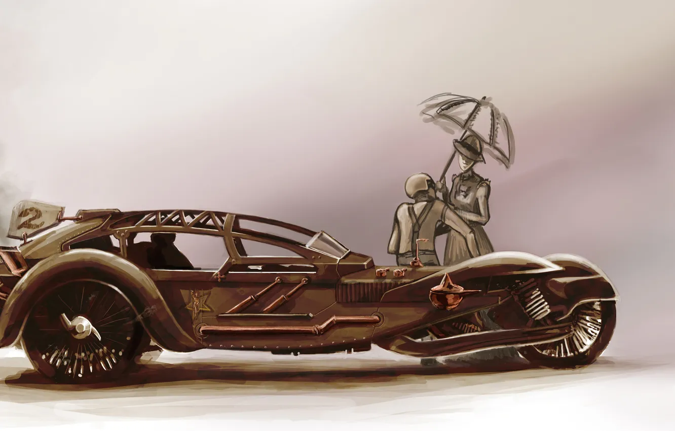 Photo wallpaper steampunk, tricycle, lady. umbrella