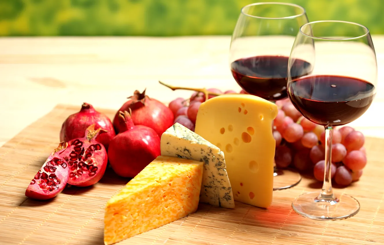 Photo wallpaper wine, red, cheese, glasses, grapes, fruit, garnet