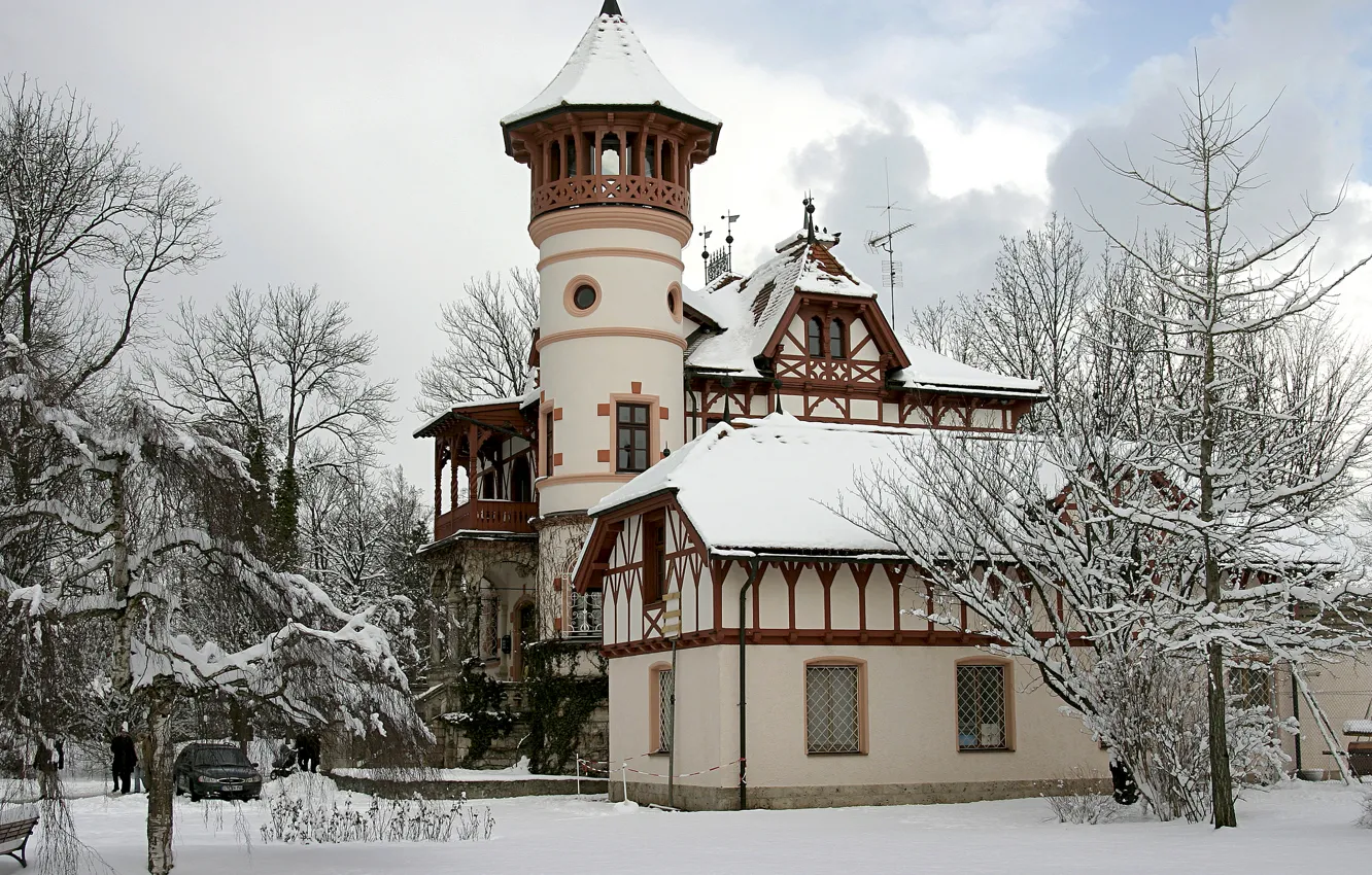 Photo wallpaper winter, machine, snow, trees, castle, Castle