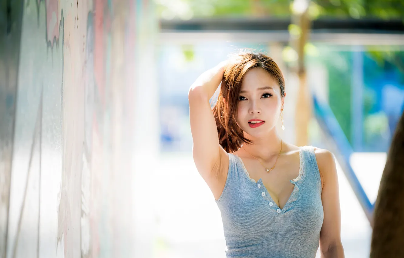 Photo wallpaper look, girl, pose, Asian, bokeh