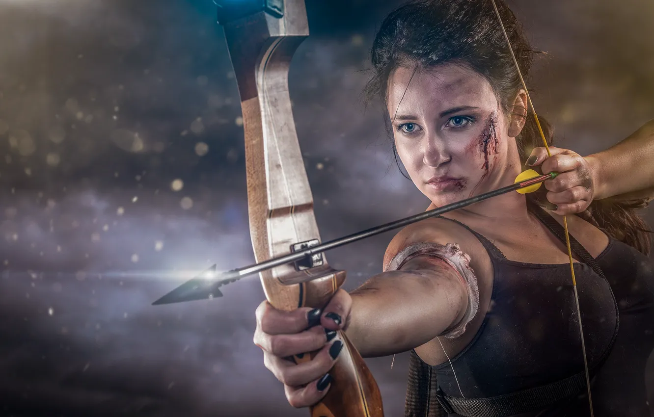 Photo wallpaper girl, bow, arrows, string, wounds, Abel Tonkens