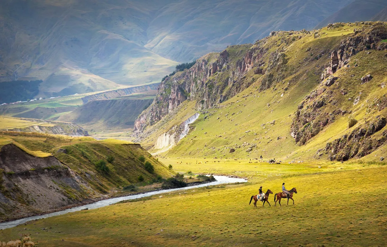 Photo wallpaper field, mountains, horse, horse, rider