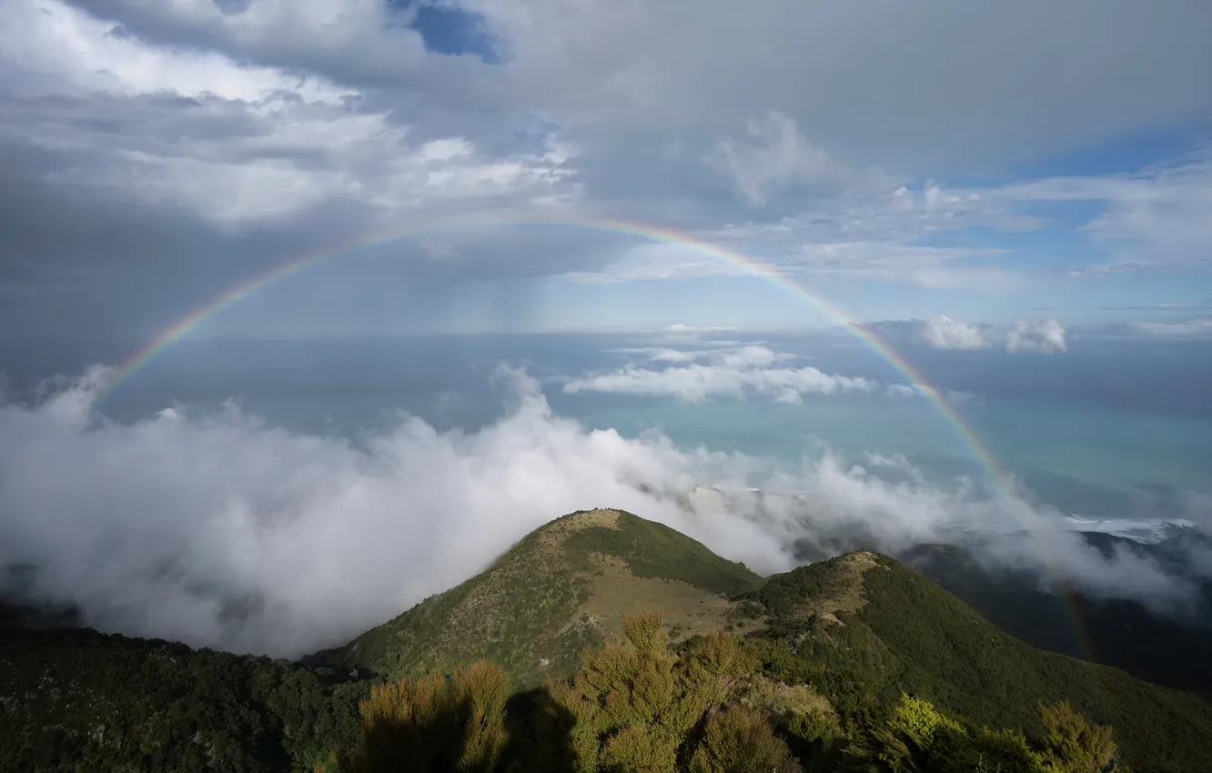 Photo wallpaper the sky, clouds, mountains, rainbow