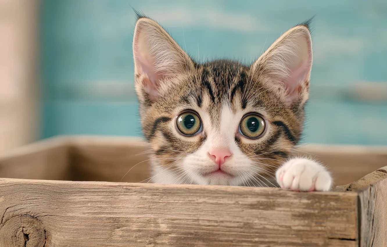 Photo wallpaper cat, look, pose, legs, kitty, box, face, blue background