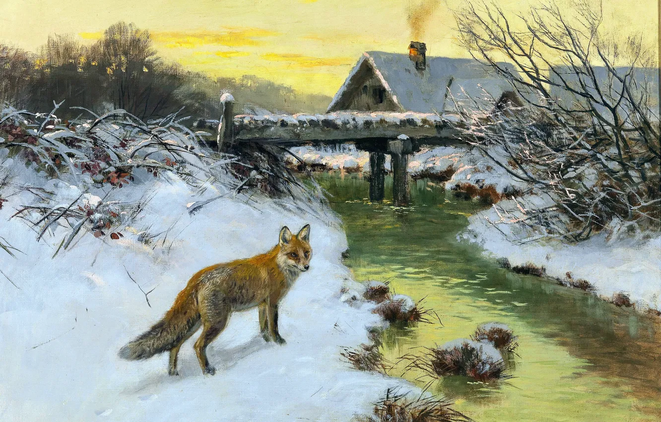 Photo wallpaper Home, Winter, Bridge, Snow, Fox, Picture, River, German animal painter
