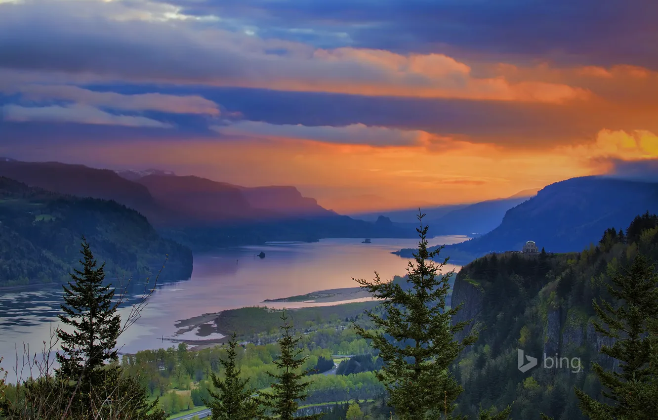 Photo wallpaper trees, mountains, nature, Oregon, glow, USA, the Columbia river, Crown Point