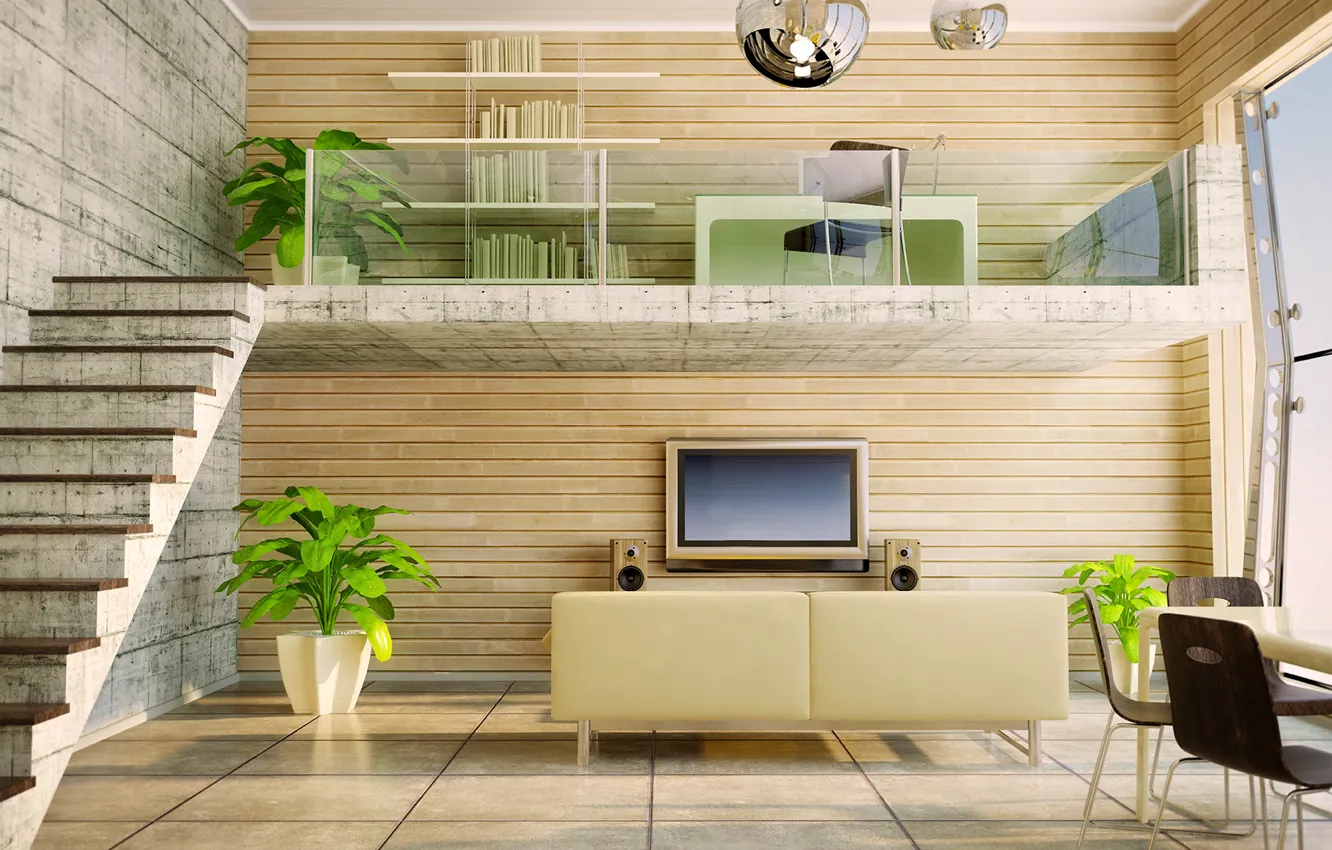 Photo wallpaper table, sofa, plants, light, TV, window, ladder