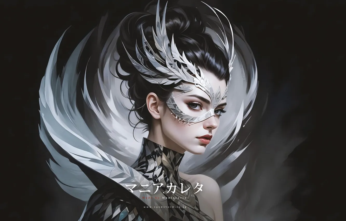 Photo wallpaper girl, fantasy, blue eyes, feathers, brunette, digital art, artwork, fantasy art