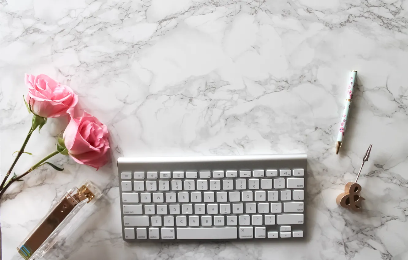 Photo wallpaper roses, handle, pink, flowers, roses, keyboard, marble
