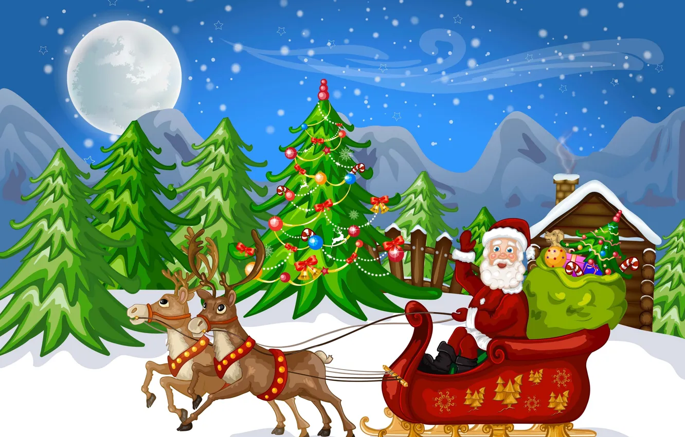 Photo wallpaper winter, snow, decoration, the moon, tree, new year, deer, Santa Claus