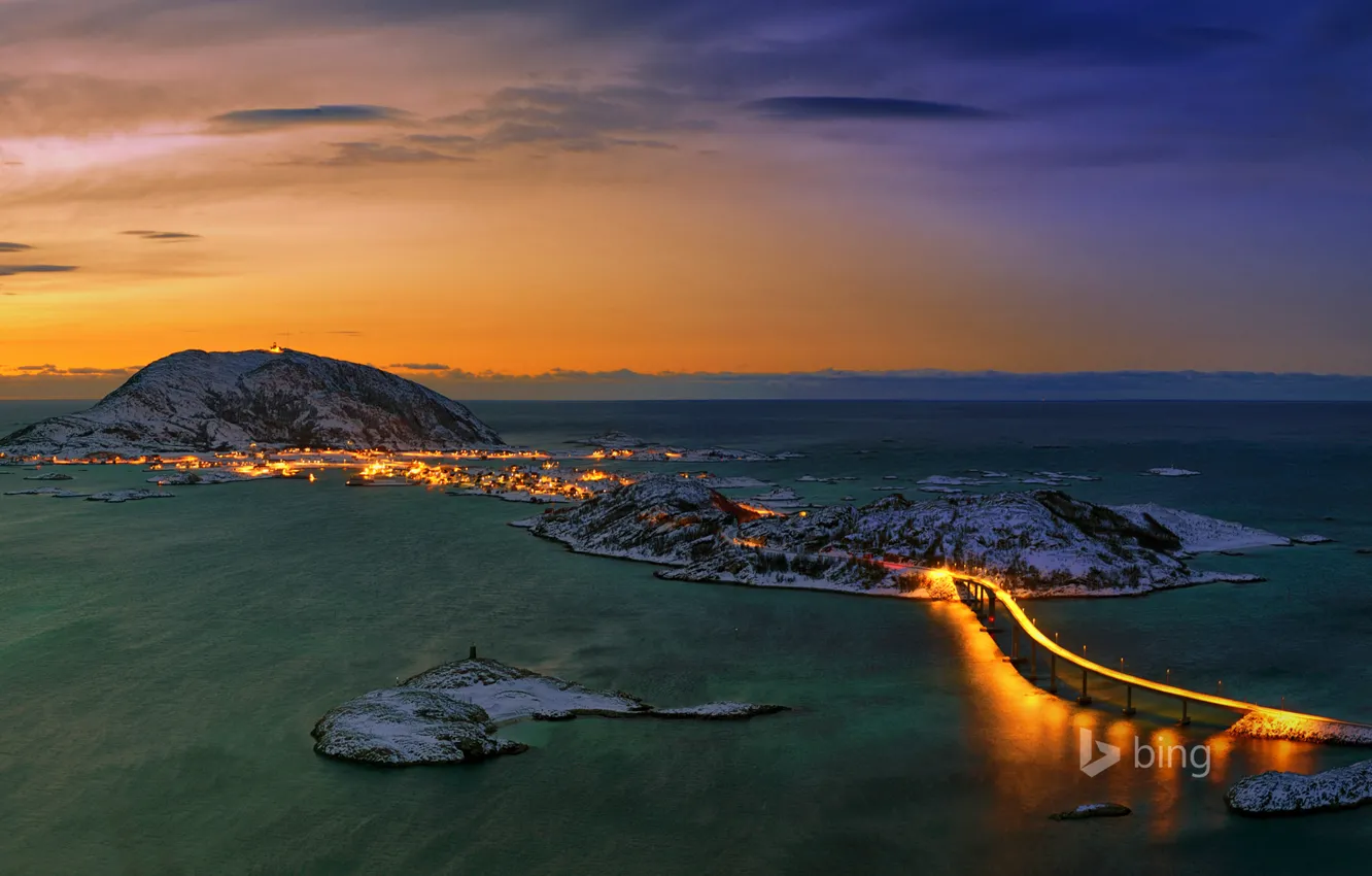 Photo wallpaper sea, the sky, sunset, mountains, bridge, the city, lights, island