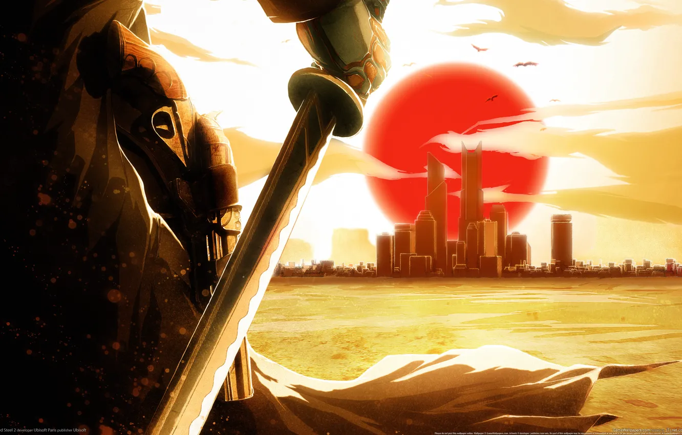 Photo wallpaper sunset, the city, katana, Red Steel 2, revolver