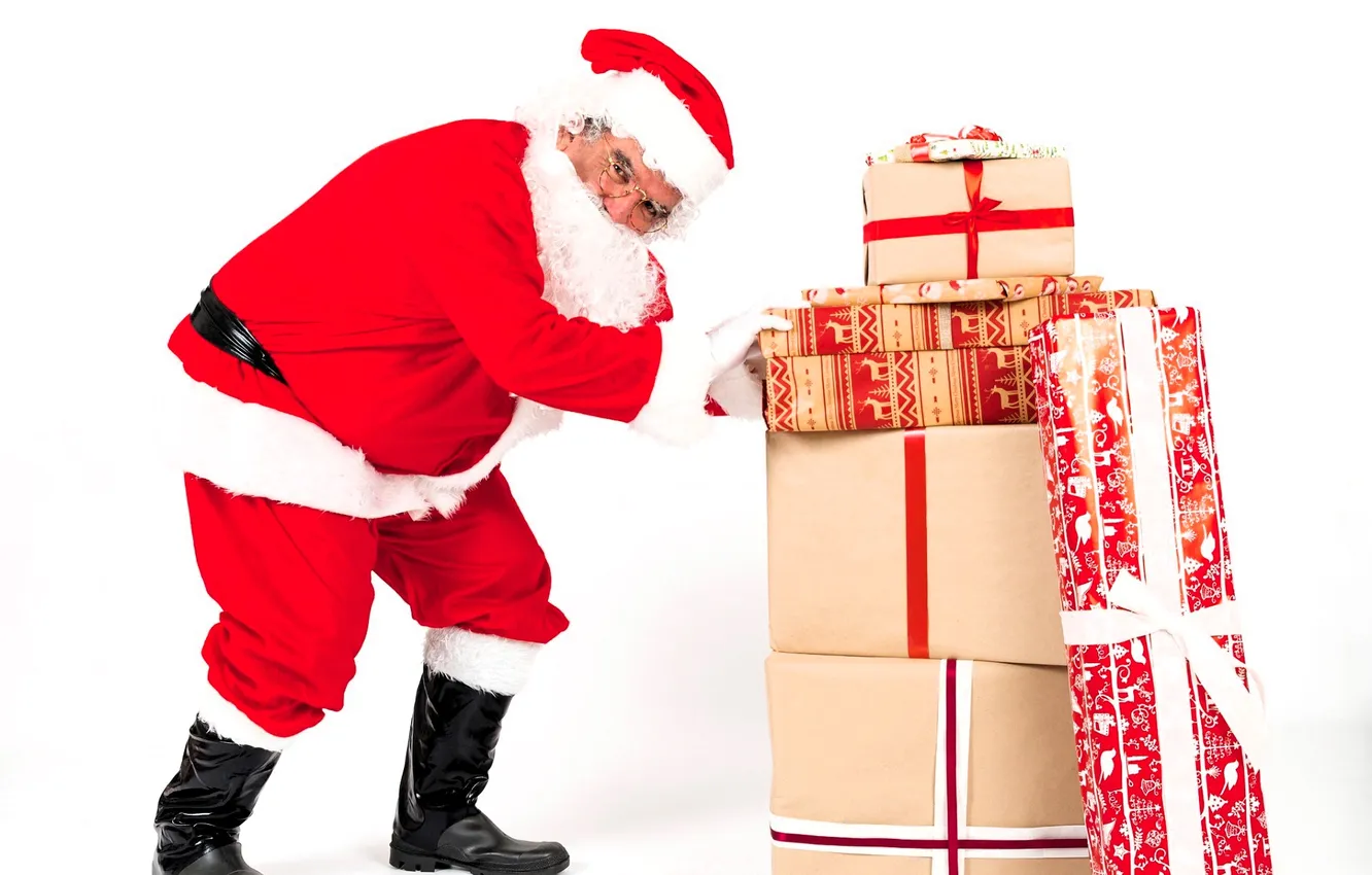 Photo wallpaper box, gift, glasses, Santa Claus