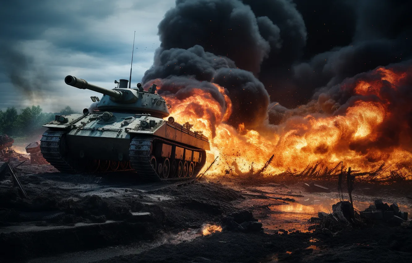 Photo wallpaper lights, smoke, tank, lined, digital art, AI art, The Art of Artificial Intelligence, War and …