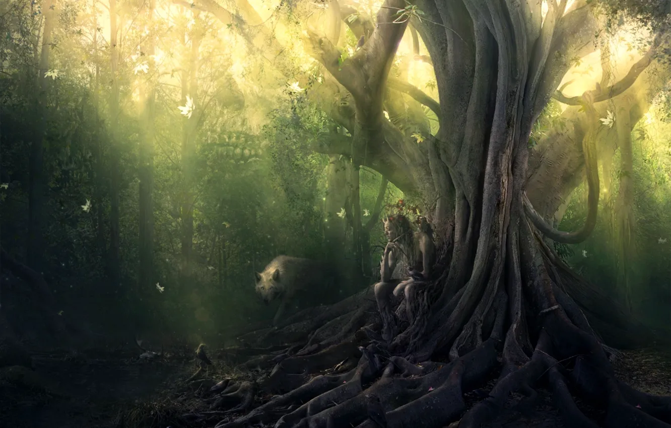 Photo wallpaper man, wolf, three-eyed crow