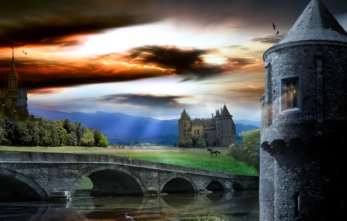 Photo wallpaper the sky, bridge, castle, tower, stallion