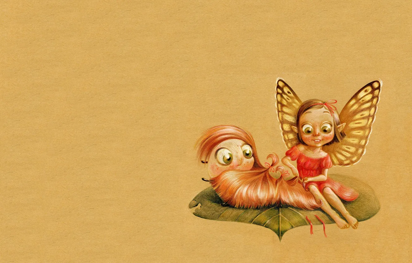 Photo wallpaper caterpillar, art, girl, leaves, children's, fairy