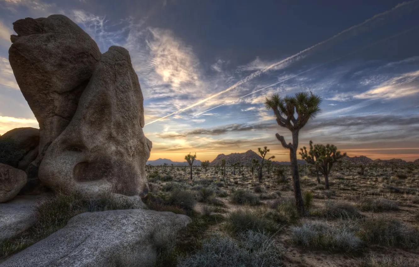Photo wallpaper the sky, clouds, mountains, stones, rocks, desert, HDR, USA