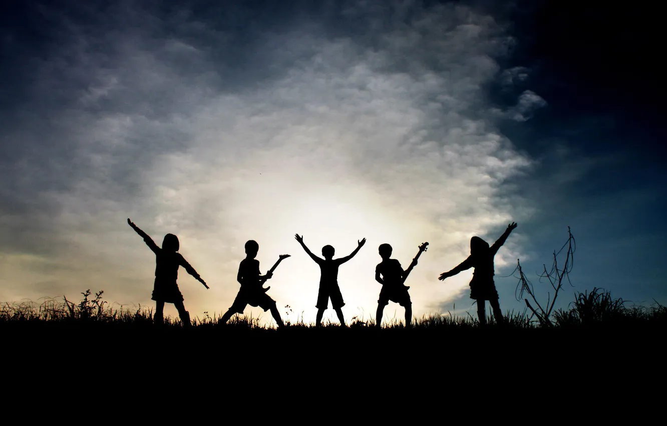 Photo wallpaper children, silhouette, musician