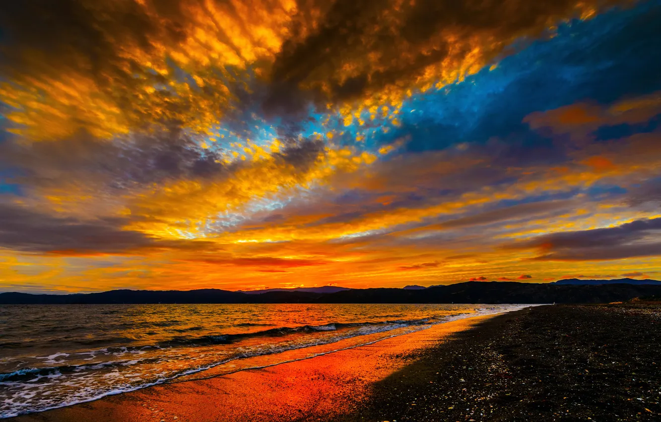 Photo wallpaper sea, the sky, clouds, sunset, coast, surf, glow