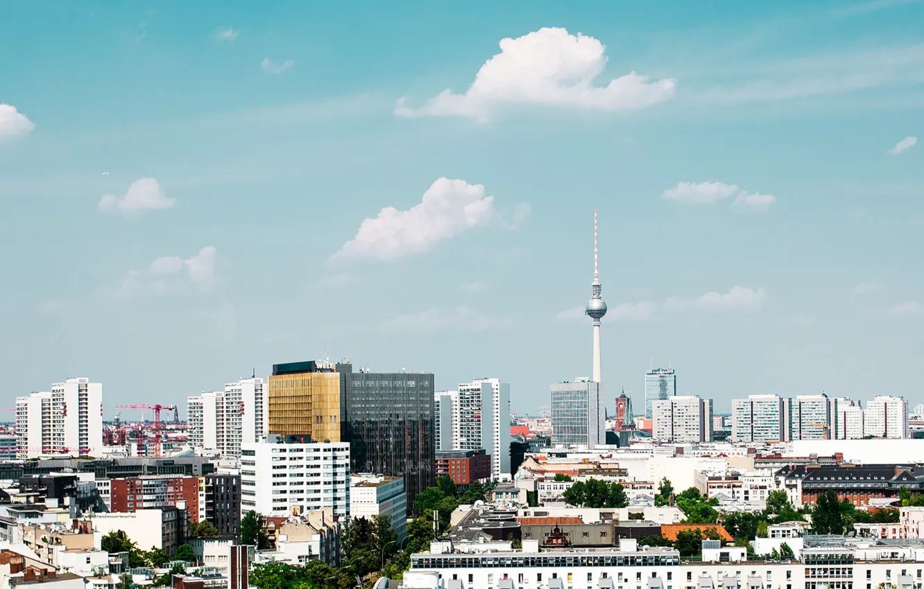 Photo wallpaper summer, Germany, clouds, Berlin, cityscape, sunny, TV tower, urban scene