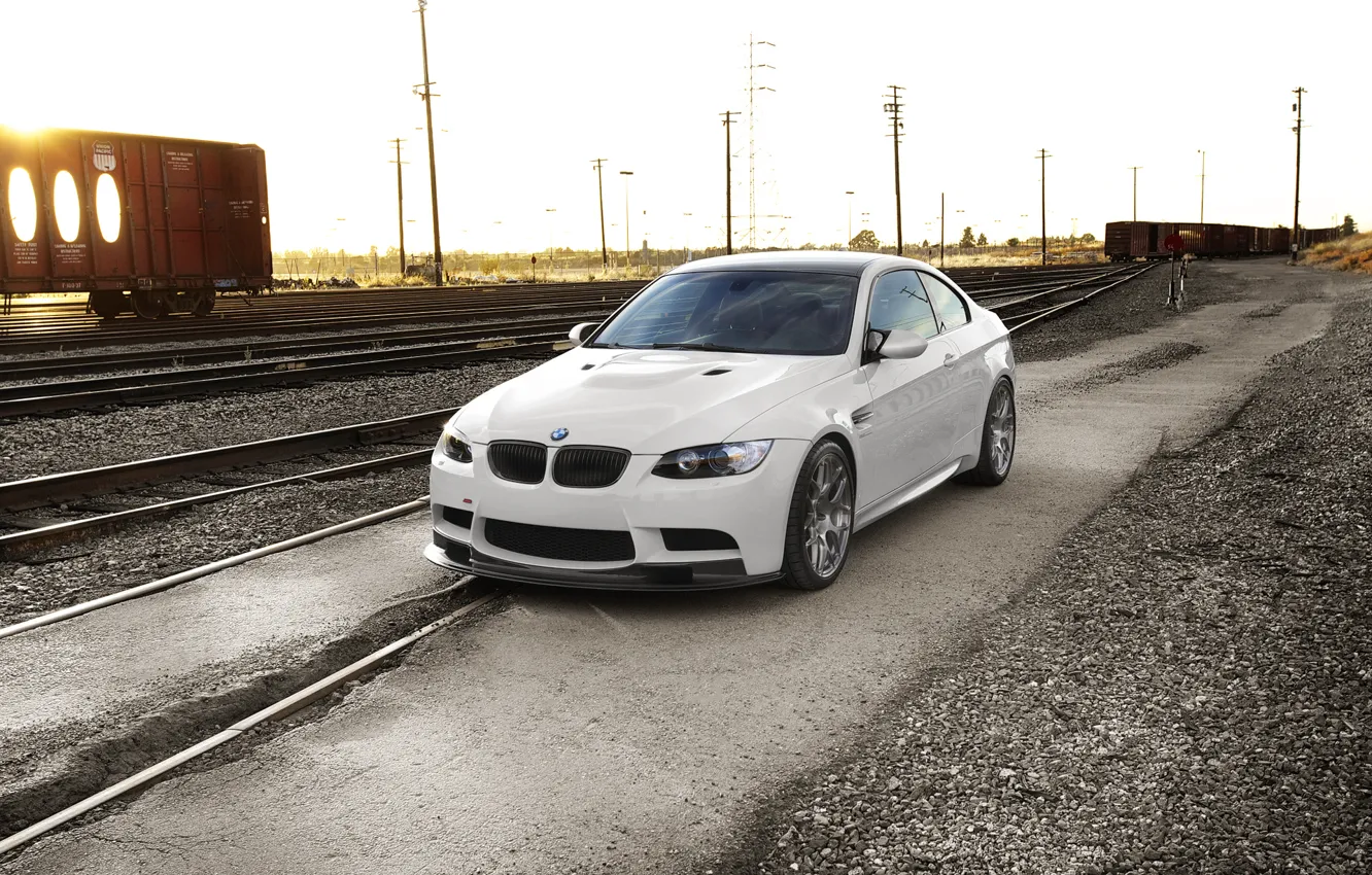 Photo wallpaper white, sunset, bmw, BMW, railroad, white, e92, sunset.railway