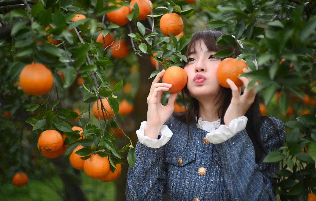 Photo wallpaper girl, orange, Asian