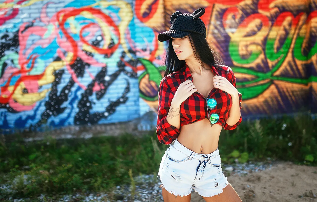 Photo wallpaper girl, shorts, the evening, piercing, glasses, cap, shirt, Mikhail YEKIM