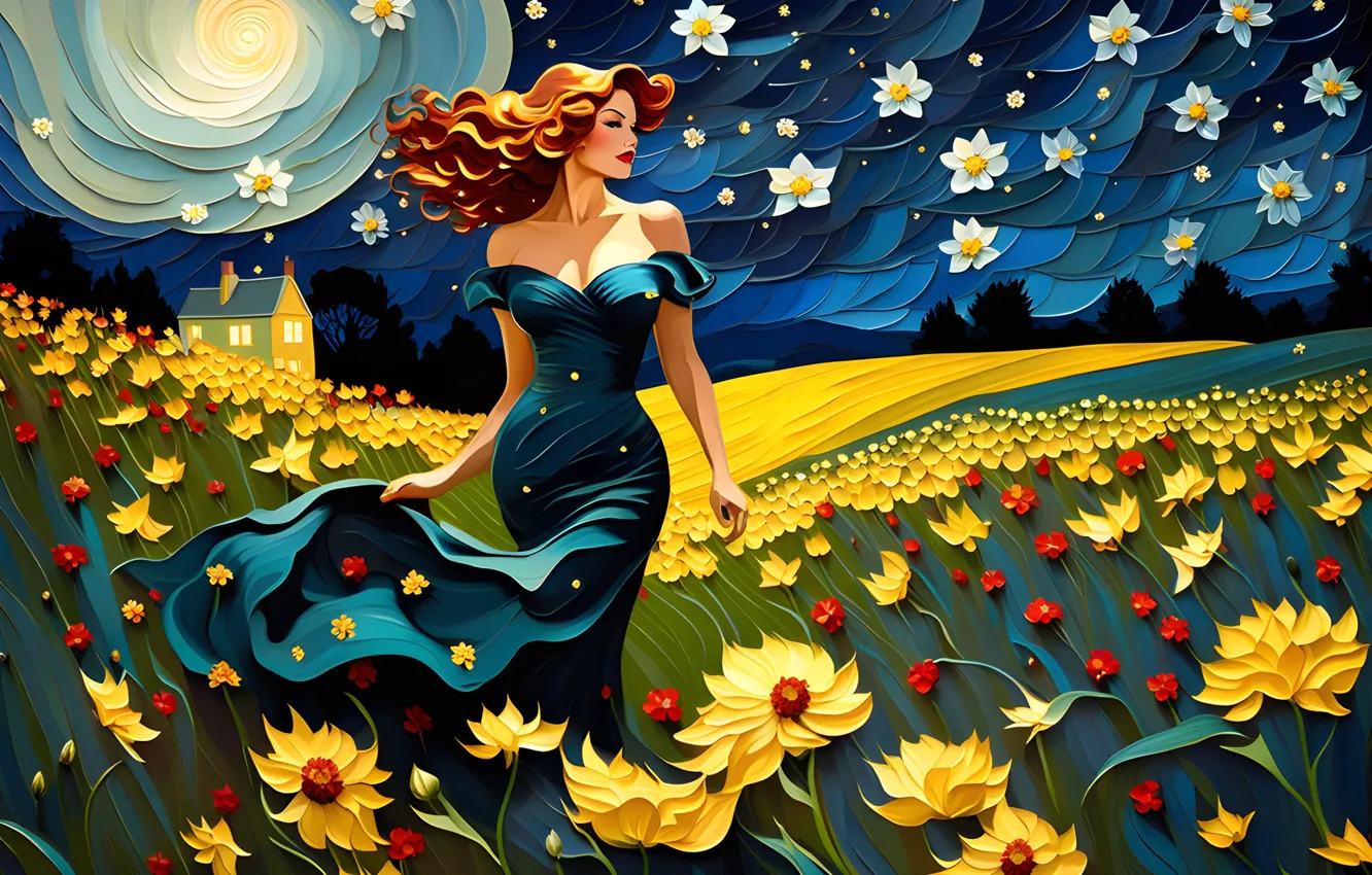 Photo wallpaper the sky, girl, flowers, nature, beautiful