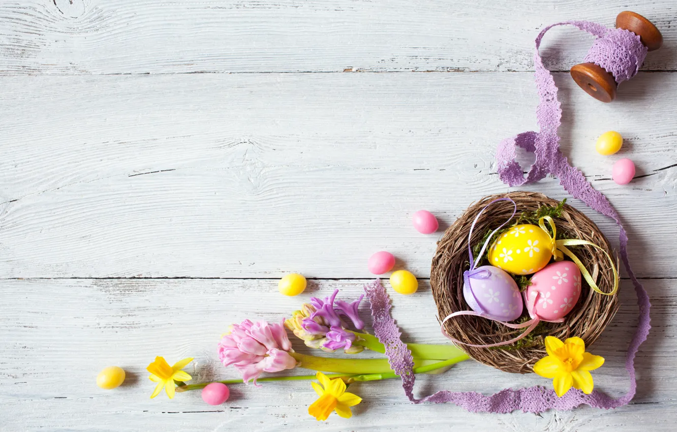 Photo wallpaper holiday, Easter, wood, flowers, decor, Easter, eggs, candy