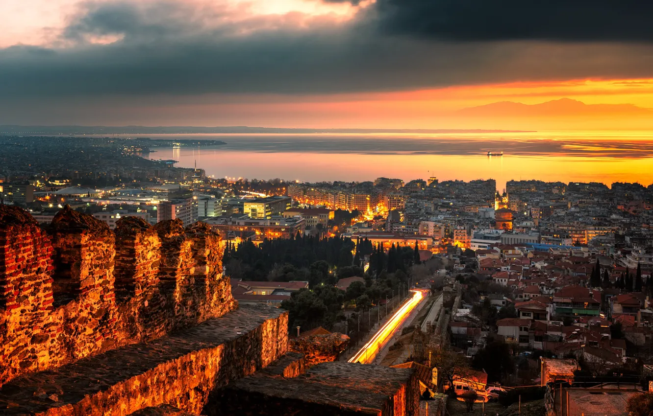 Photo wallpaper sea, the sky, clouds, sunset, lights, coast, home, the evening