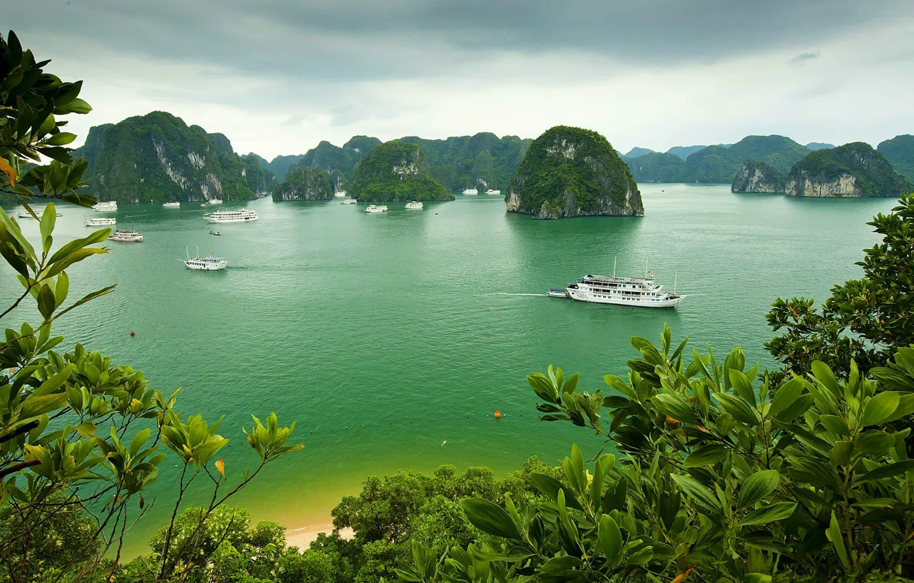 Photo wallpaper sea, the sky, clouds, trees, mountains, rock, boat, ship