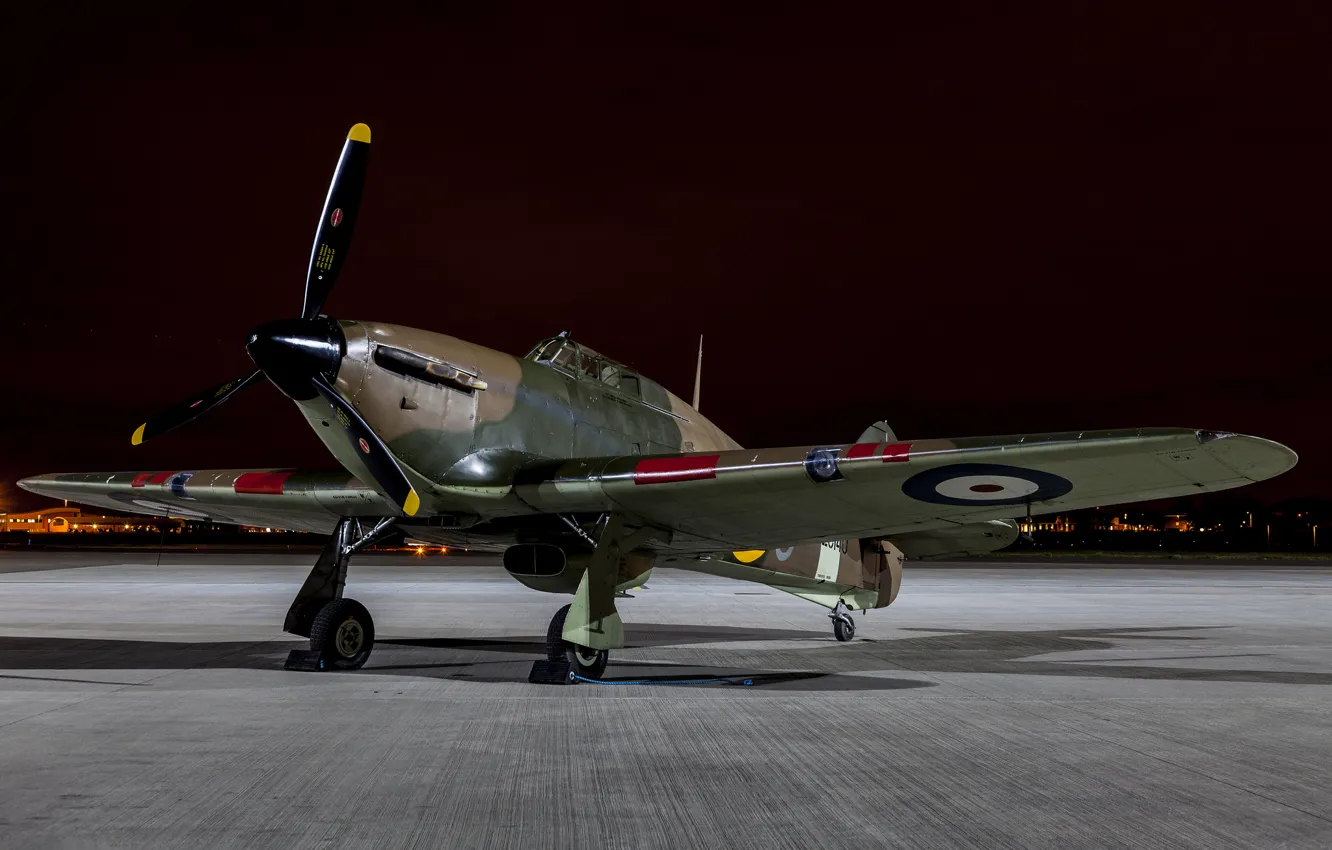 Photo wallpaper the evening, fighter, war, the airfield, Hawker Hurricane, single, world, Second