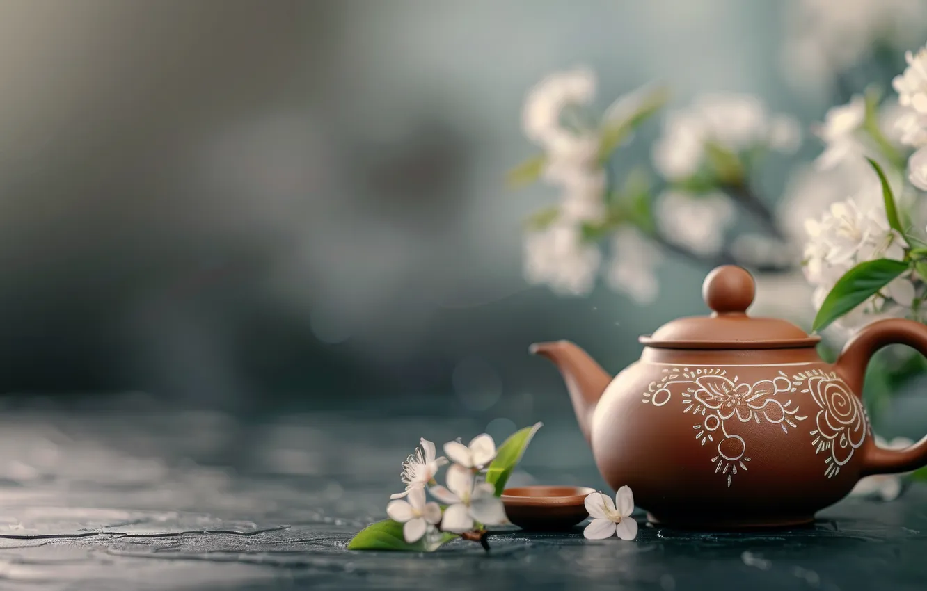 Photo wallpaper flowers, branches, pattern, spring, kettle, white, grey background, ornament