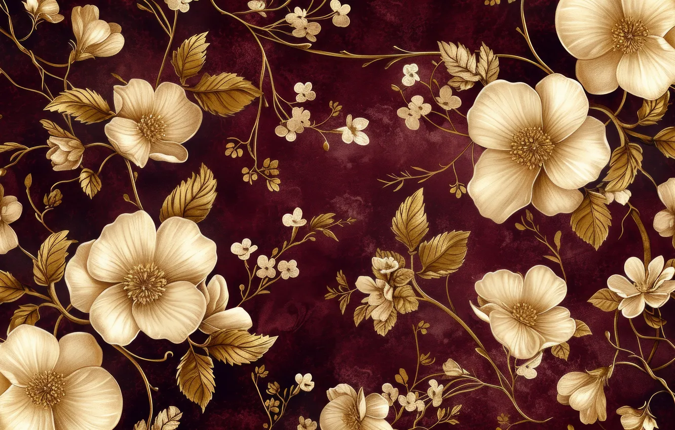 Photo wallpaper flowers, texture, fabric, ornament, composition, AI art, neural network