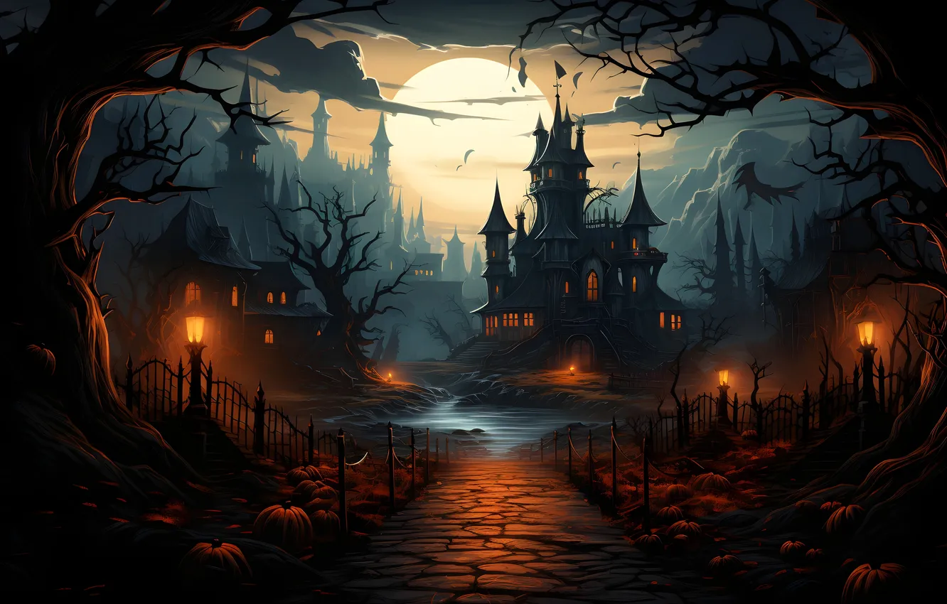 Photo wallpaper road, trees, night, clouds, lights, the moon, the fence, home