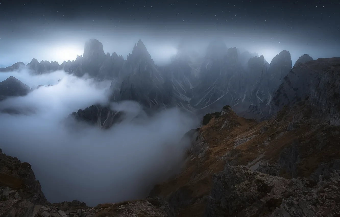 Photo wallpaper mountains, night, fog, hills, tops, China, Asia