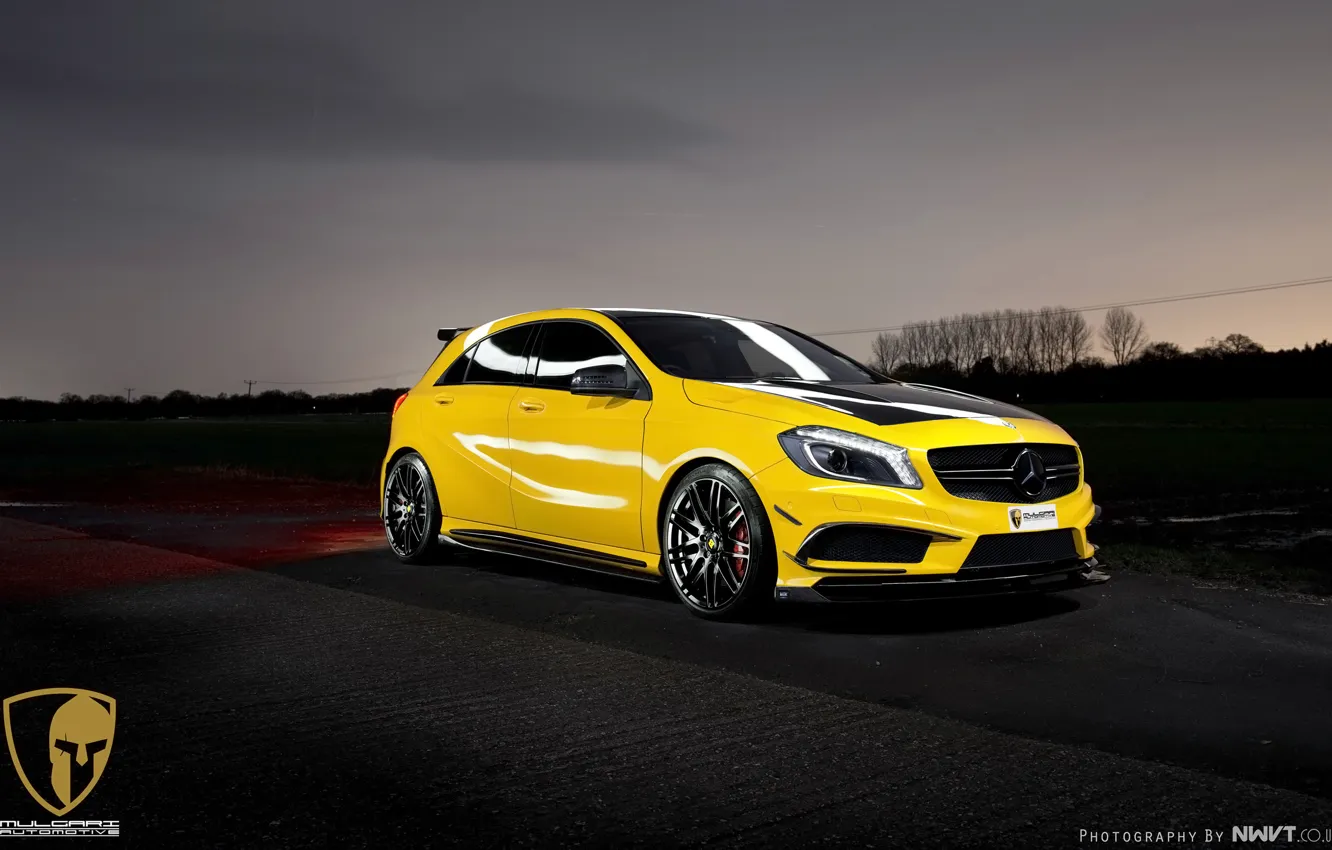 Photo wallpaper yellow, lights, tuning, Mercedes-Benz, drives, front, AMG, yellow