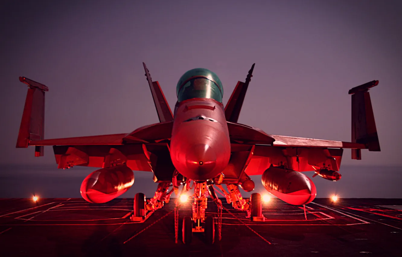 Photo wallpaper night, lights, fighter, deck, F18