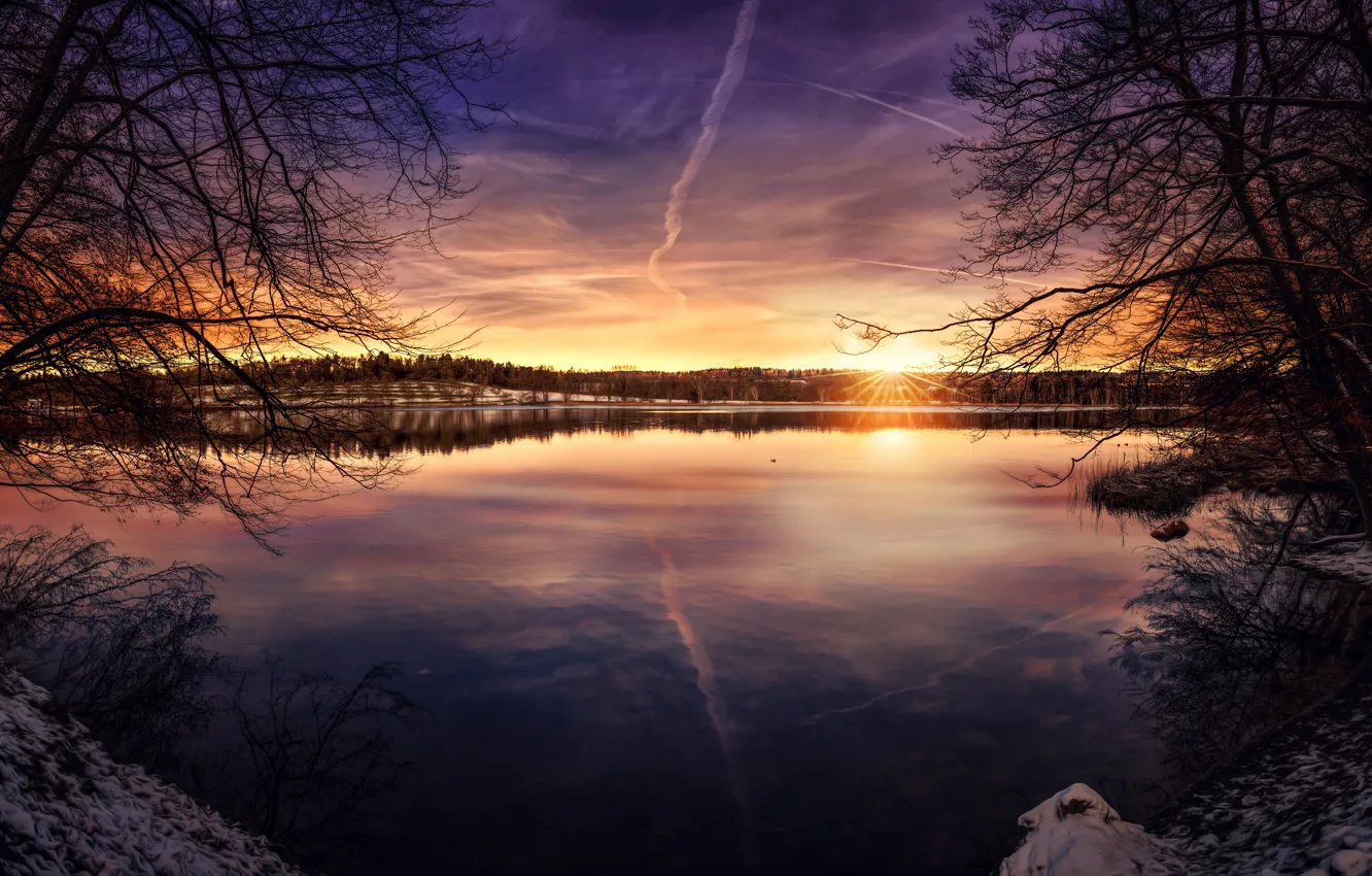 Photo wallpaper the sun, sunset, lake, treatment, Peaceful Lake