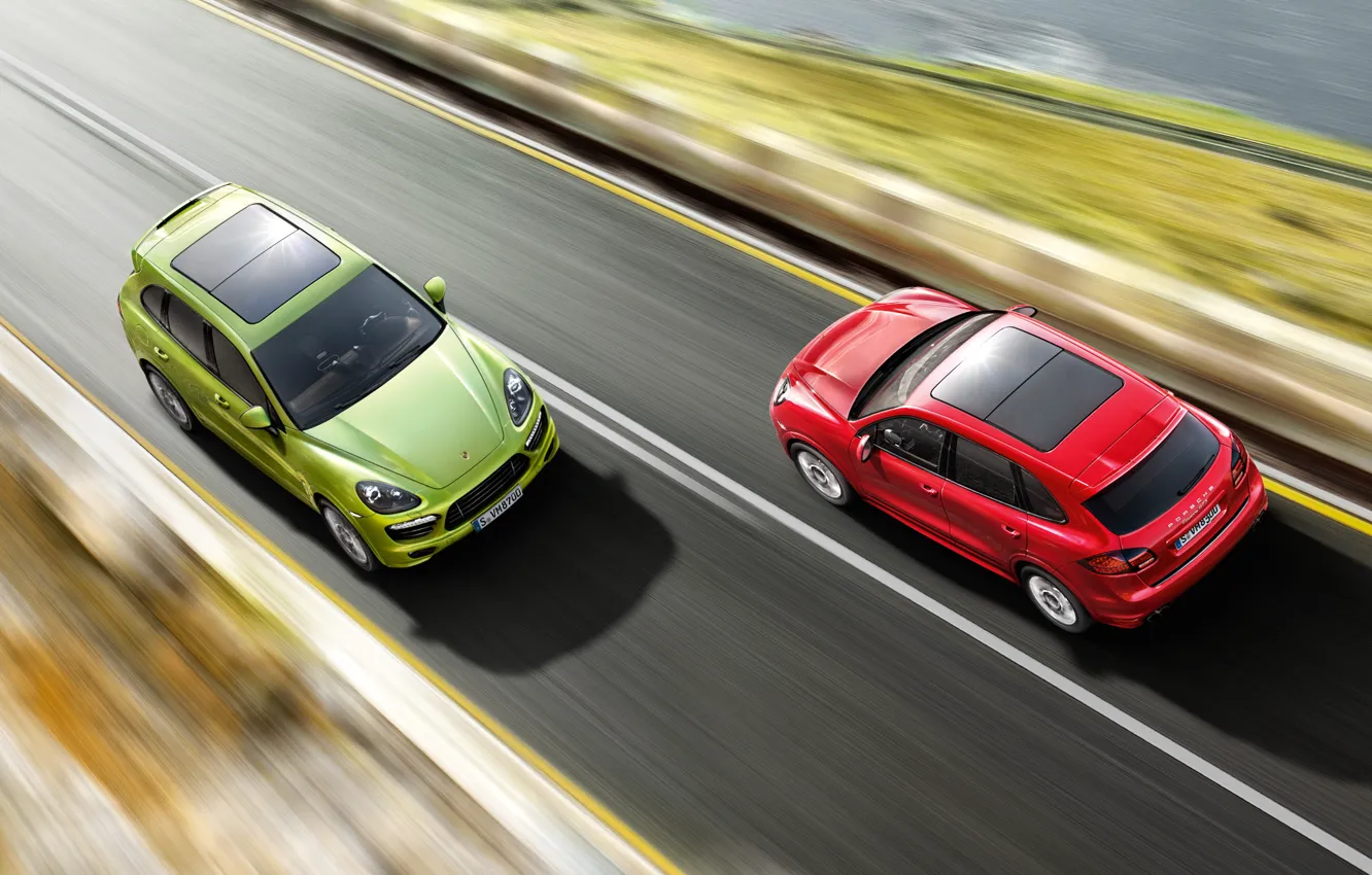 Photo wallpaper road, red, speed, jeep, green, Porsche Cayenne