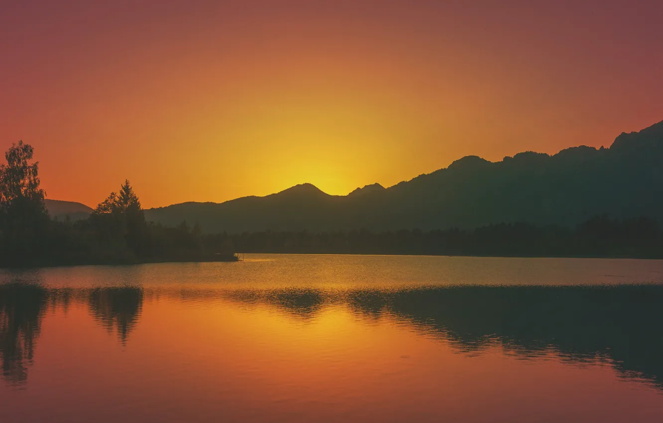 Photo wallpaper twilight, sunset, lake, hills, dusk, orange sky, silhouettes