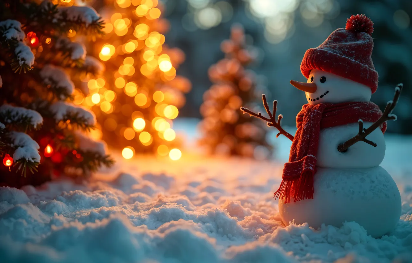 Photo wallpaper winter, snow, new year, Christmas, snowman, Christmas, winter, snow