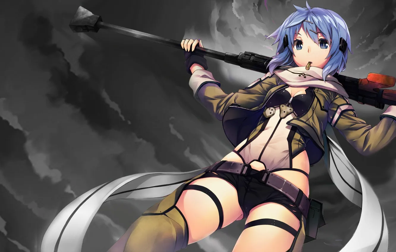 Photo wallpaper look, girl, weapons, surprise, bullets, art, sword art online, master of the sword online