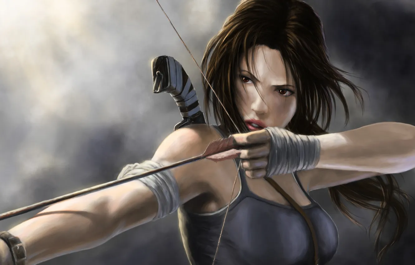 Photo wallpaper look, girl, bow, art, Tomb Raider, arrows, aiming, Lara Croft