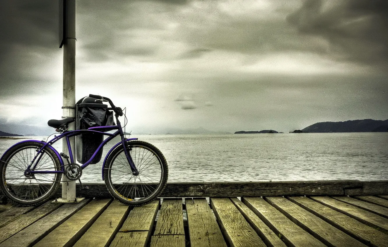Photo wallpaper sea, bike, pier, bike, halt
