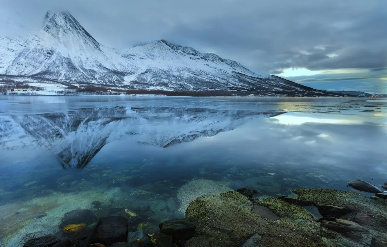 Photo wallpaper winter, water, snow, lake, reflection, stones, the bottom, transparent